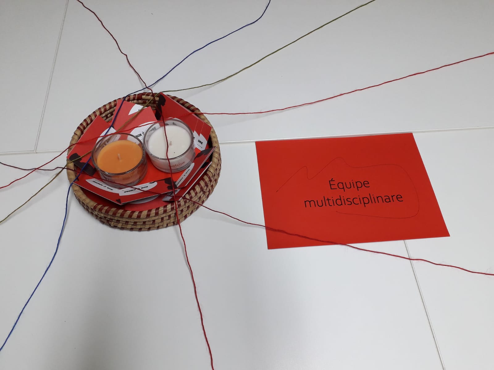 Immagine che rappresenta il lavoro di rete svolto dal Centro Antiviolenza: cestino con biglietti da visita del Centro Antiviolenza e due candele, foglio rosso con le parole "equipe multidisciplinare", fili di lana che si intrecciano.